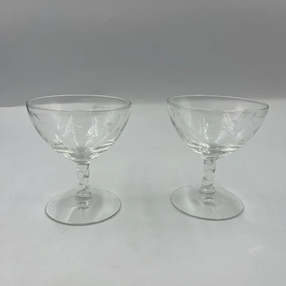 Vintage Etched Champagne Coupe Glasses Pair Twisted Stem Floral Leaf Clear Glass